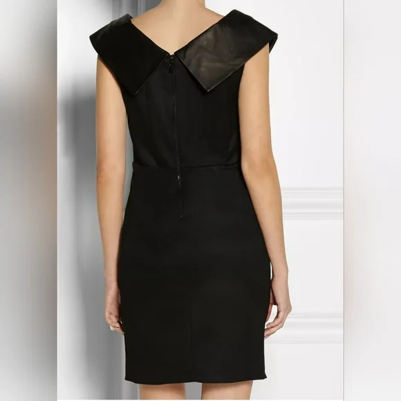 Alice + olivia Shayna Leather Trim Shawl Collar Faux Wrap Black Dress - Picture 11 of 15